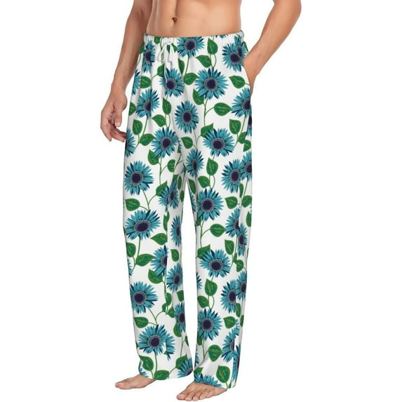 Goofa Blue Sunflowers Printed Soft Pajama Pants for Men, Wide Leg Comfy Casual Lounge Yoga Pants-Medium