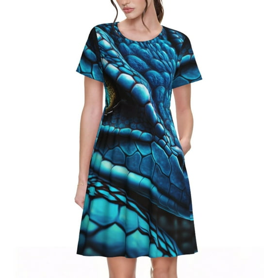 Goofa Blue Viper Snake Closeup Face Pattern Women Summer Short Sleeve Midi Dress with Pockets Casual Aline Flowy Tshirt Dress Vocation Beach Sundress