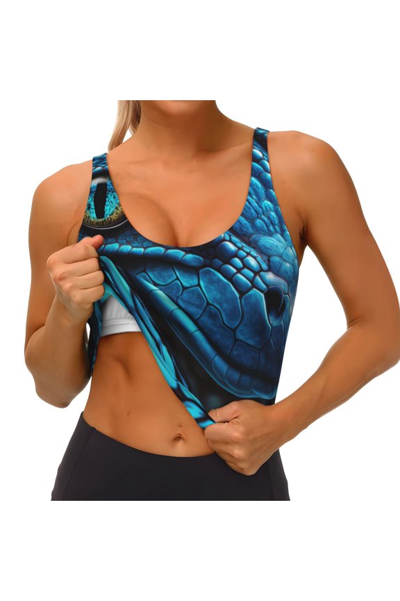 Blue Viper Snake Closeup Face Printed Sports Bras for Women, High Impact Running Bra Workout Crop Tank Tops Longline Sports Bra Push up-X-Large