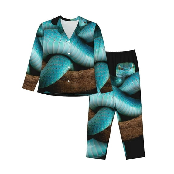 Goofa Blue Viper Snake Printed Women’s 2 Piece Pajama Set Super,Pajamas Women's Long Sleeve Sleepwear Soft Button Down Loungewear Pjs Lounge Set Nightwear-XX-Large