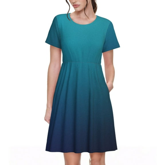 Goofa Blue and Teal Gradient Pattern Women Summer Short Sleeve Midi Dress with Pockets Casual Aline Flowy Tshirt Dress Vocation Beach Sundress