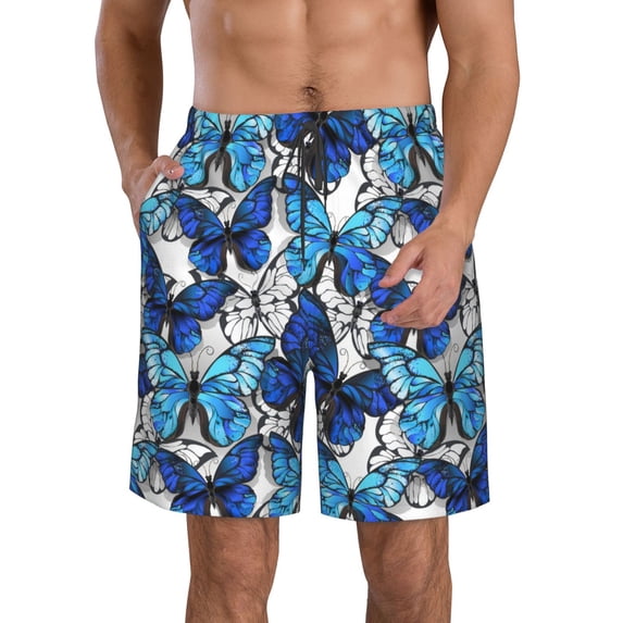 Goofa Blue and White Butterflies Printed Mens Swim Trunks Summer Quick Dry Short Beach Swimwear Bathing Suits-Large