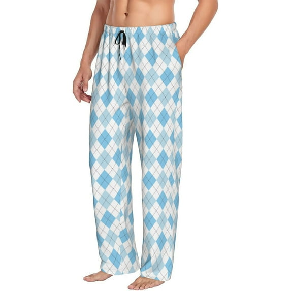 Goofa Blue and White Squares Printed Soft Pajama Pants for Men, Wide Leg Comfy Casual Lounge Yoga Pants-Large