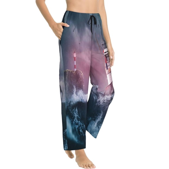 Goofa Boat Lighthouse Storm Waves Printed Soft Pajama Pants for Women, Wide Leg Comfy Casual Lounge Yoga Pants-XX-Large