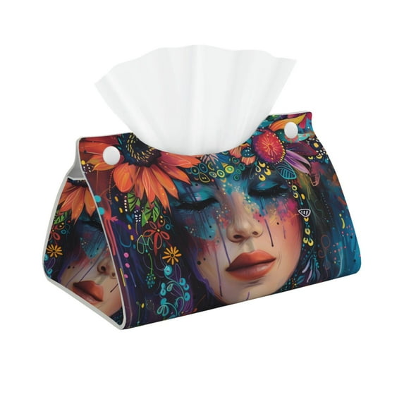 Goofa Bohemian Colorful Flower Woman Pattern Triangle Square Tissue Box Cover, Modern PVC Leathe Facial Paper Holder,Decorative Holder/Organizer for Bathroom Vanity Countertop