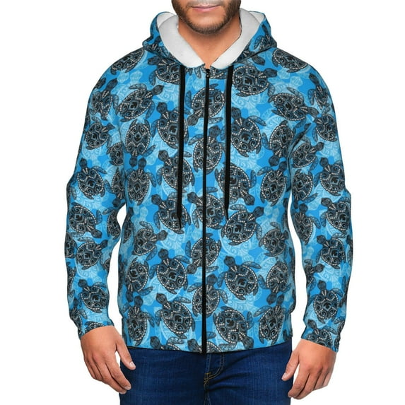 Goofa Bohemian Sea Turtle Pattern Mens Full-zip Hoodie, Zip-up Pullover Hooded Sweatshirt, Kangaroo Pocket Hoodie Ideal for Daily Wear, Travel, and Home-Small