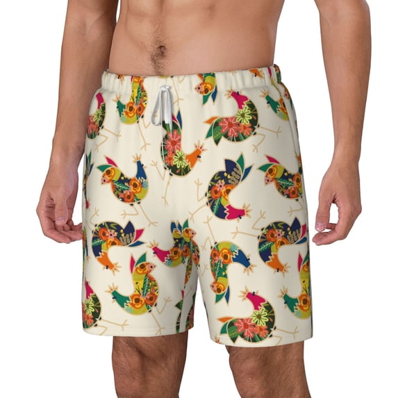Goofa Boho Chicken Printed Men's Swim Trunks Board Shorts Quick Dry Mens Swimming Trunks with Compression Liner,Breathable Fit Hawaii Beach Shorts-Small