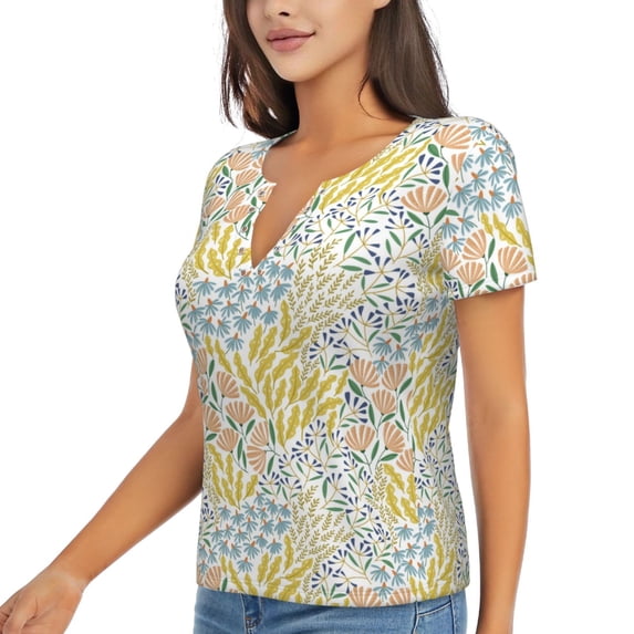 Goofa Boho Pattern Womens Deep V Neck Low Cut Tops Casual Summer Short Sleeve Ribbed Knit T-Shirts-X-Large