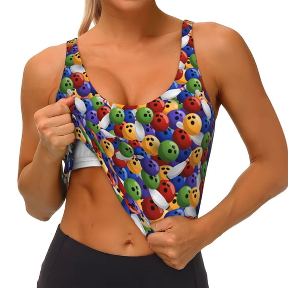 Goofa Bowling Colorful Printed Sports Bras for Women, High Impact Running Bra Workout Crop Tank Tops Longline Sports Bra Push up-XX-Large