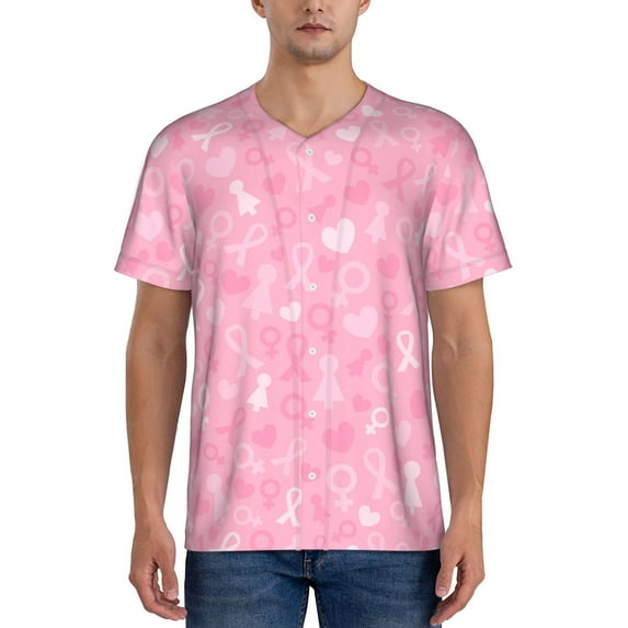 Goofa Breast Cancer Awareness Pattern Mens Golf Shirt Baseball T-shirt Moisture Wicking Dry Fit Performance Sport Short Sleeve Striped Golf Polo Shirts-XX-Large