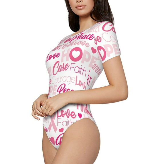 Goofa Breast Cancer Pink Ribbons Awareness (2) Printed Women Rash Guard Short Sleeve,Tummy control Swimsuit Surfing Swimsuit Bathing Suit One Piece Swimsuit UPF 50-Medium