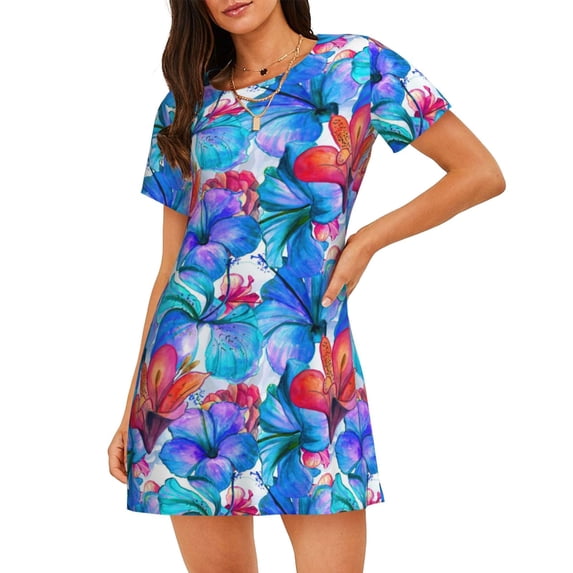 Goofa Bright Flowers Print Women’s Cotton Nightdress – Short-Sleeved Sleep Dress, Casual Loose-Fit Lounge Wear, Comfortable and Stylish Sleepwear for Women