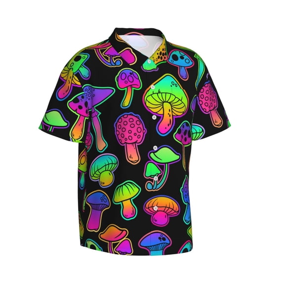 Goofa Bright Mushrooms Hawaiian Shirt for Men, Unisex Summer Beach Casual Short Sleeve Button Down Shirts,Aloha Tropical Floral print shirt-3X-Large