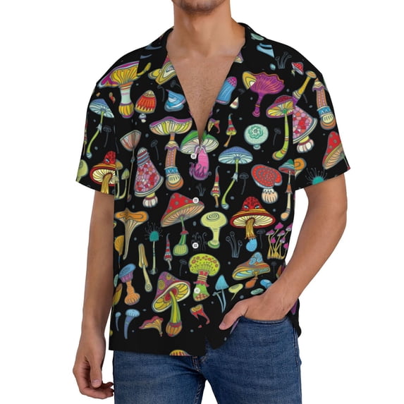 Goofa Bright Mushrooms Printed Men's Casual Short-sleeved Shirt,Lightweight Breathable Button-down,Summer Casual men's top,Versatile Fashion shirt-Large