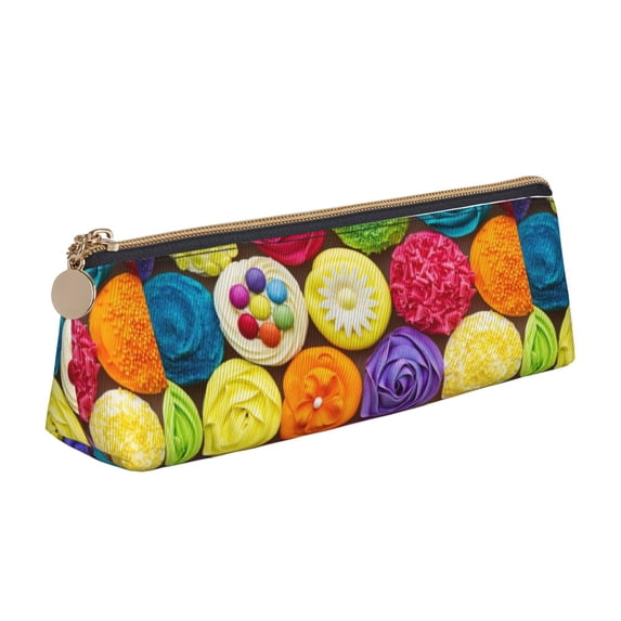 Goofa Brightly Colored Cupcakes Pattern Pencil Case Portable Stylish Triangle Pencil Pouch with Zipper Leather Cosmetic Pouch Bag Makeup Cosmetic Pencil Pouch