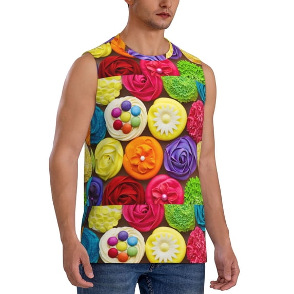 Goofa Brightly Colored Cupcakes Printed Men's Sleeveless T-Shirt - Athletic Gym Workout Tank Top for Men - Moisture-Wicking, UPF 30+ Quick-Dry Muscle Tee-3X-Large