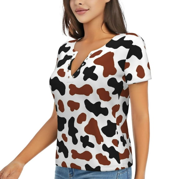 Goofa Brown Black Cow Pattern Womens Deep V Neck Low Cut Tops Casual Summer Short Sleeve Ribbed Knit T-Shirts-Large