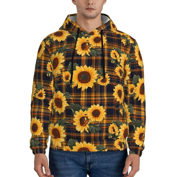 Goofa Brown Blue Plaid Sunflower for Men's Hooded Sweatshirt - Lightweight Pullover Hoodie with Kangaroo Pocket, Perfect for Everyday Wear-XX-Large