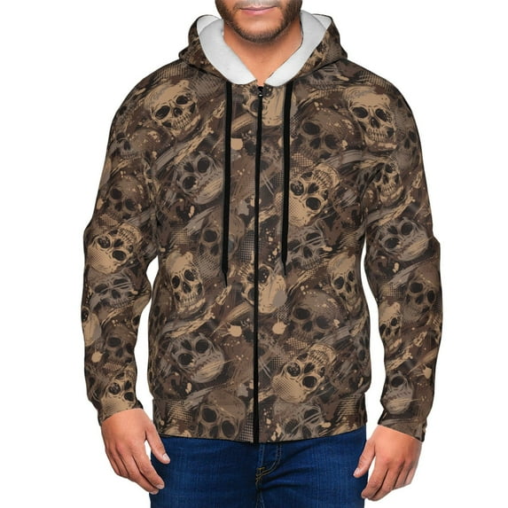 Goofa Brown Camouflage Skull Pattern Mens Full-zip Hoodie, Zip-up Pullover Hooded Sweatshirt, Kangaroo Pocket Hoodie Ideal for Daily Wear, Travel, and Home-Small