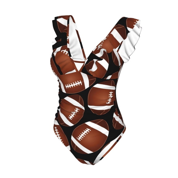 Goofa Brown Football On Black Print Women's Ruffled One Piece Swimsuit V Neck