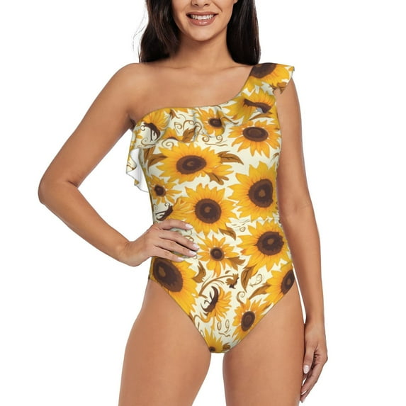 Goofa Brown Leaf Pattern Sunflower Pattern Women's One Piece Swimsuits Tummy Control Bathing Suits Asymmetric One Shoulder Swimwear-Large