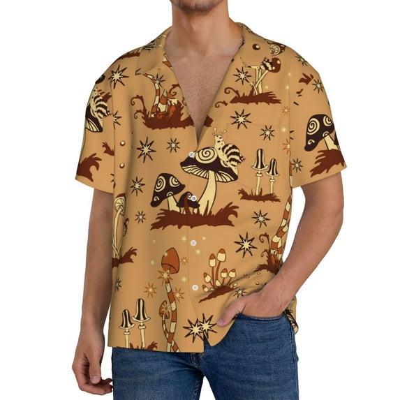 Goofa Brown Mushrooms Printed Men's Casual Short-sleeved Shirt,Lightweight Breathable Button-down,Summer Casual men's top,Versatile Fashion shirt-Large