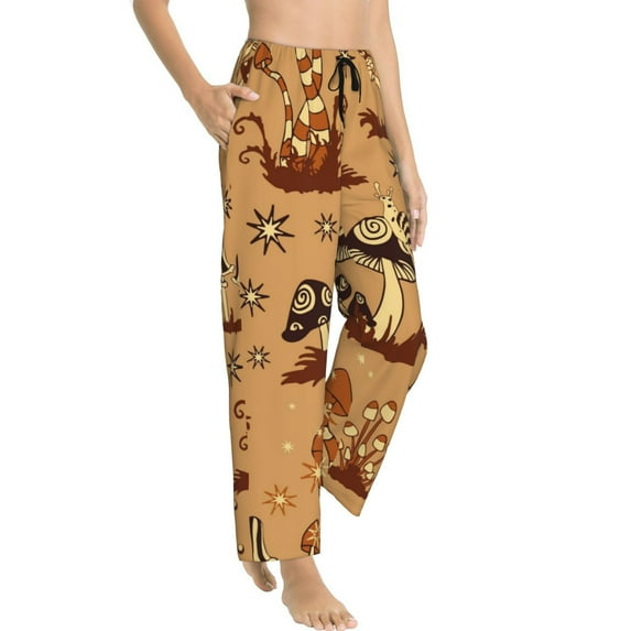 Goofa Brown Mushrooms Printed Soft Pajama Pants for Women, Wide Leg Comfy Casual Lounge Yoga Pants-