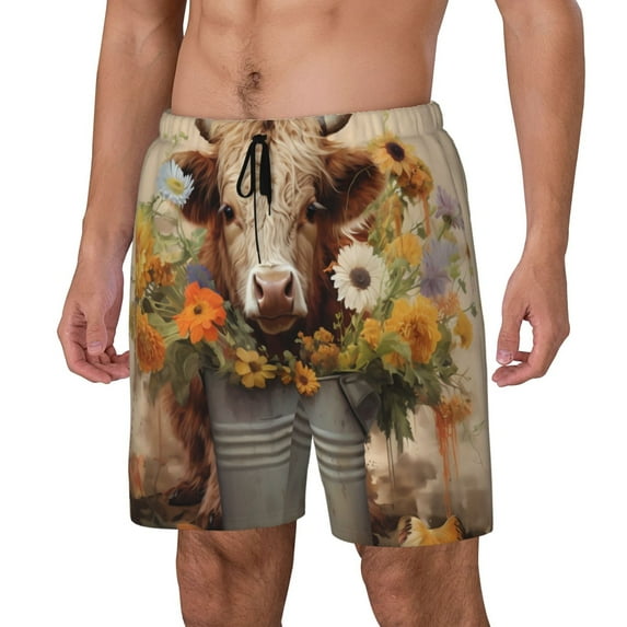 Goofa Bucket Flower Cow Printed Men's Swim Trunks Board Shorts Quick Dry Mens Swimming Trunks with Compression Liner,Breathable Fit Hawaii Beach Shorts-3X-Large