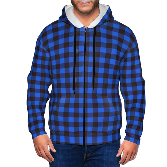 Goofa Buffalo Plaid Blue Black Pattern Mens Full-zip Hoodie, Zip-up Pullover Hooded Sweatshirt, Kangaroo Pocket Hoodie Ideal for Daily Wear, Travel, and Home-X-Large
