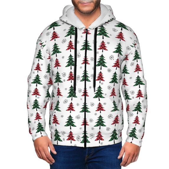Goofa Buffalo Plaid Christmas Trees Pattern Mens Full-zip Hoodie, Zip-up Pullover Hooded Sweatshirt, Kangaroo Pocket Hoodie Ideal for Daily Wear, Travel, and Home-Small