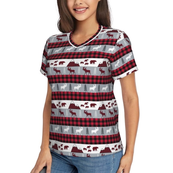 Goofa Buffalo Plaid Forest Pattern Women's Slim-Fit Short-Sleeve V-Neck T-Shirt,Classic-Fit Short-Sleeve V-Neck T-Shirt-X-Large