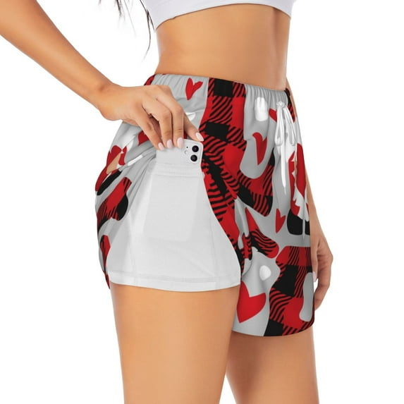 Goofa Buffalo Plaid Love And Gnome Printed Women 2 in 1 Running Shorts,Quick Dry Athletic Workout Shorts,High Waisted Athletic Shorts with Liner Pockets-Medium