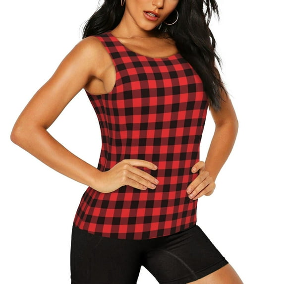 Goofa Buffalo Plaid Red Black Printed Womens Workout Tops for Women Sleeveless Yoga Shirts Athletic Running Tank Tops Sleeveless Gym Clothes Workout Apparel-X-Large