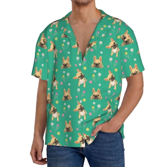 Goofa Bulldog Puppy Flower Printed Men's Casual Short-sleeved Shirt,Lightweight Breathable Button-down,Summer Casual men's top,Versatile Fashion shirt-3X-Large