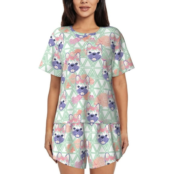 Goofa Bulldog for Womens Cotton 2 Piece Pajamas Set Classic Short Sleeve Pjs Set Soft Button Down Sleepwear Loungewear-Small