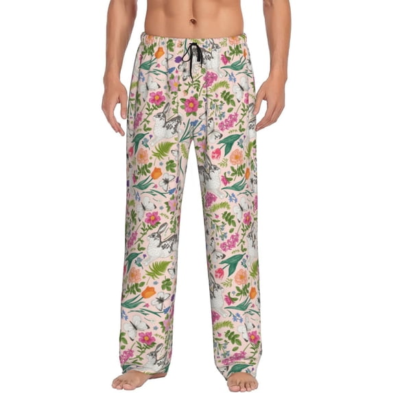 Goofa Bunny Floral Pattern Printed Soft Pajama Pants for Men, Wide Leg Comfy Casual Lounge Yoga Pants-Large