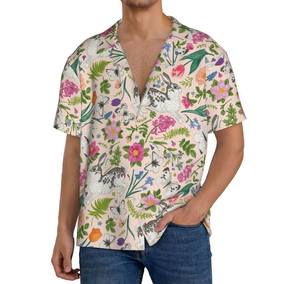 Goofa Bunny Floral Printed Men's Casual Short-sleeved Shirt,Lightweight Breathable Button-down,Summer Casual men's top,Versatile Fashion shirt-