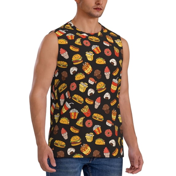 Goofa Burger Fries Printed Men's Sleeveless T-Shirt - Athletic Gym Workout Tank Top for Men - Moisture-Wicking, UPF 30+ Quick-Dry Muscle Tee-Large