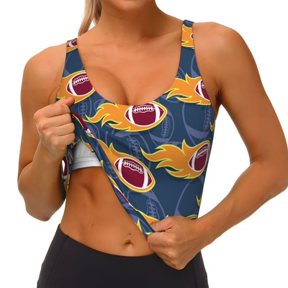 Goofa Burning Rugby Balls Printed Sports Bras for Women, High Impact Running Bra Workout Crop Tank Tops Longline Sports Bra Push up-XX-Large