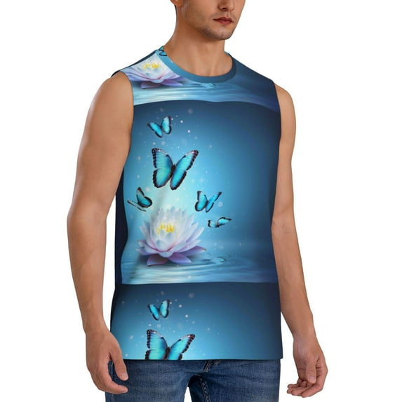Goofa Butterflies And Waterlily In Water Printed Men's Sleeveless T-Shirt - Athletic Gym Workout Tank Top for Men - Moisture-Wicking, UPF 30+ Quick-Dry Muscle Tee-XX-Large