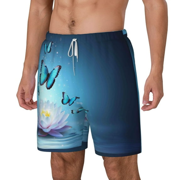 Goofa Butterflies And Waterlily In Water Printed Men's Swim Trunks Board Shorts Quick Dry Mens Swimming Trunks with Compression Liner,Breathable Fit Hawaii Beach Shorts-X-Large