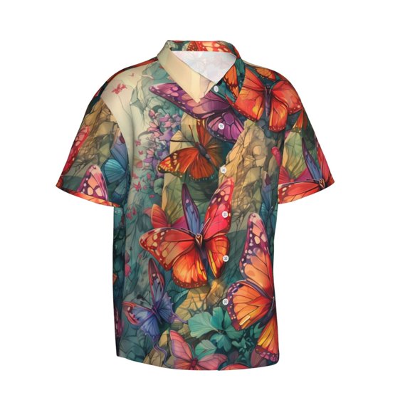 Goofa Butterflies On Rocky Cliff Hawaiian Shirt for Men, Unisex Summer Beach Casual Short Sleeve Button Down Shirts,Aloha Tropical Floral print shirt-Small