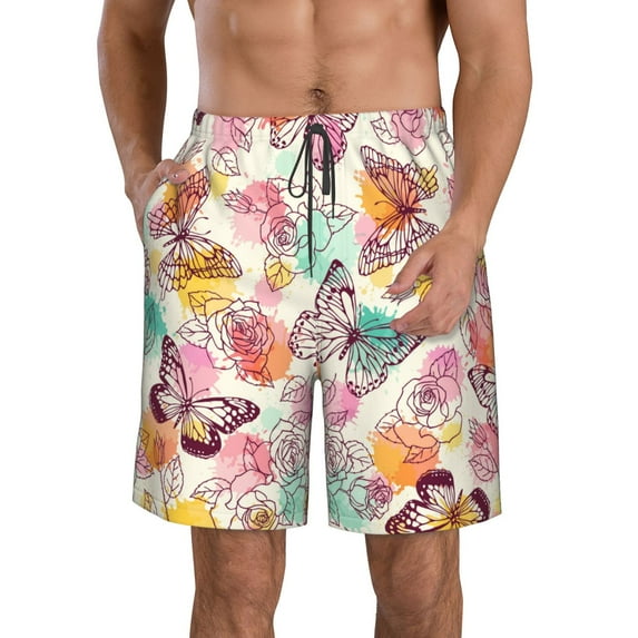Goofa Butterflies and Roses Printed Mens Swim Trunks Summer Quick Dry Short Beach Swimwear Bathing Suits-3X-Large