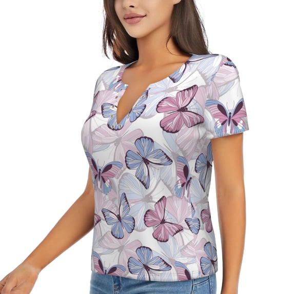 Goofa Butterflies in Pastel Pattern Womens Deep V Neck Low Cut Tops Casual Summer Short Sleeve Ribbed Knit T-Shirts-X-Large