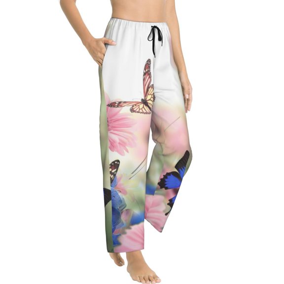 Goofa Butterfly And Flowers Printed Soft Pajama Pants for Women, Wide Leg Comfy Casual Lounge Yoga Pants-Small