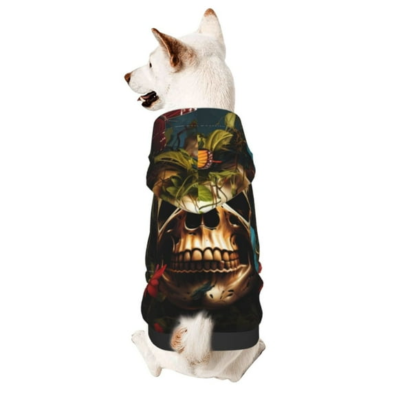 Goofa Butterfly Flower Plant Skull Pattern Small Dog Sweater Hoodies Pet Grey Hooded Soft Fleece Sweatshirts with Pocket Fall Winter Puppy Cat Sweaters Warm Clothes-XX-Large