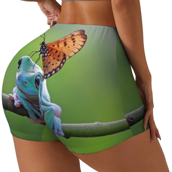 Goofa Butterfly Landing On Head Dumpy Frog Printed Workout Shorts Women Seamless Scrunch Butt Lifting High Waisted Gym Booty Shorts Elastic Workout Shorts-X-Large