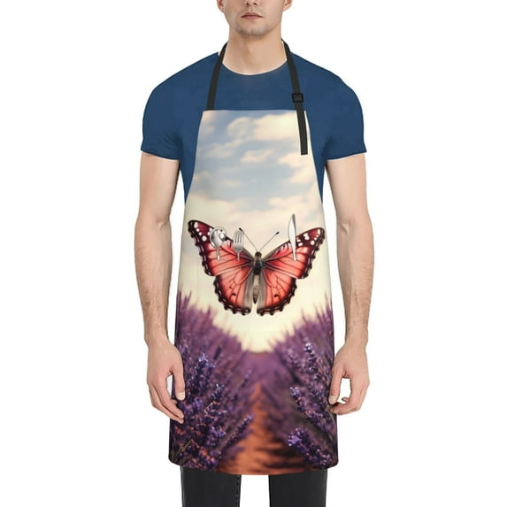 Goofa Butterfly Over Lavender Printed Waterproof Apron 33" Chef Aprons for Men Heavy Duty Chemical Work Apron Adjustable Bib Apron