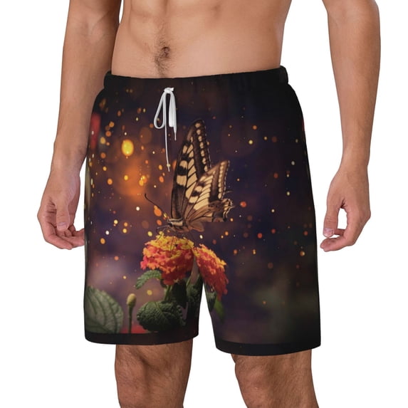 Goofa Butterfly Sitting on a Flower Printed Men's Swim Trunks Board Shorts Quick Dry Mens Swimming Trunks with Compression Liner,Breathable Fit Hawaii Beach Shorts-X-Large
