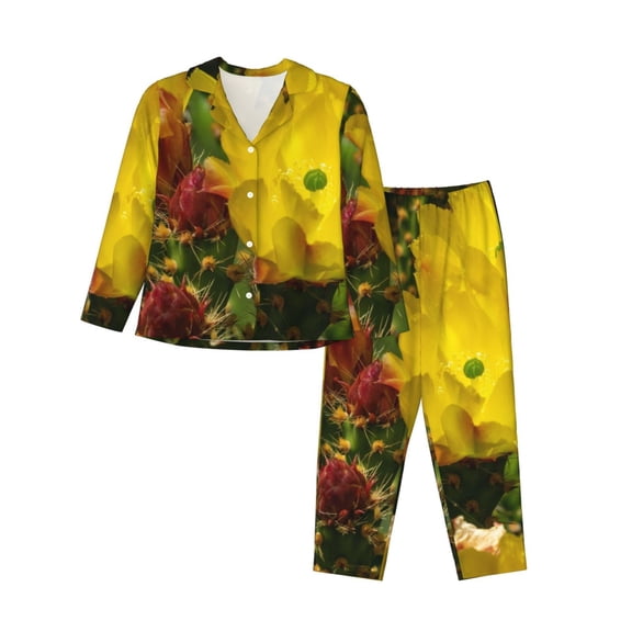 Goofa Cactus Flowers Printed Women’s 2 Piece Pajama Set Super,Pajamas Women's Long Sleeve Sleepwear Soft Button Down Loungewear Pjs Lounge Set Nightwear-Large